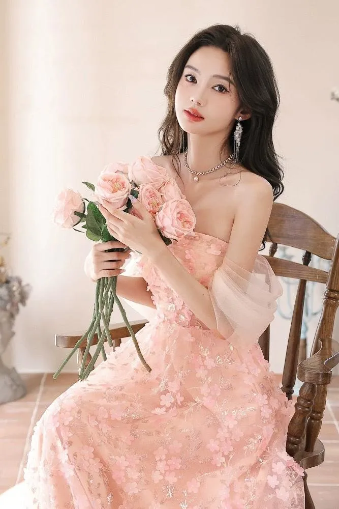 A Line Prom Dress Off the Shoulder Tulle Lace Pink Long Formal Evening Dress