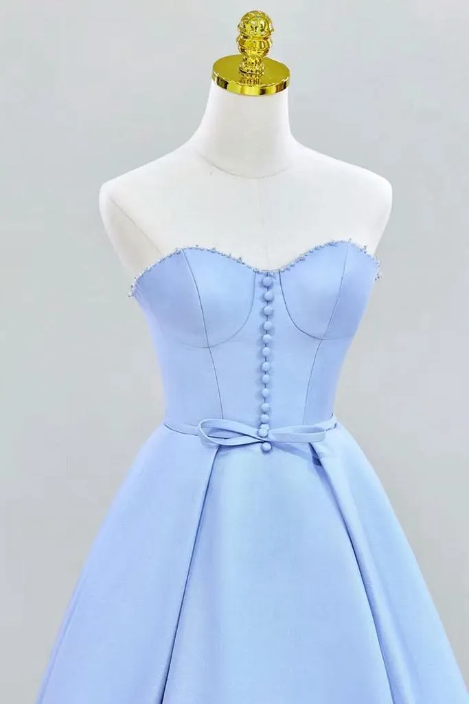 A Line Prom Dress Sweetheart Neck Satin Blue Long Formal Evening Dress
