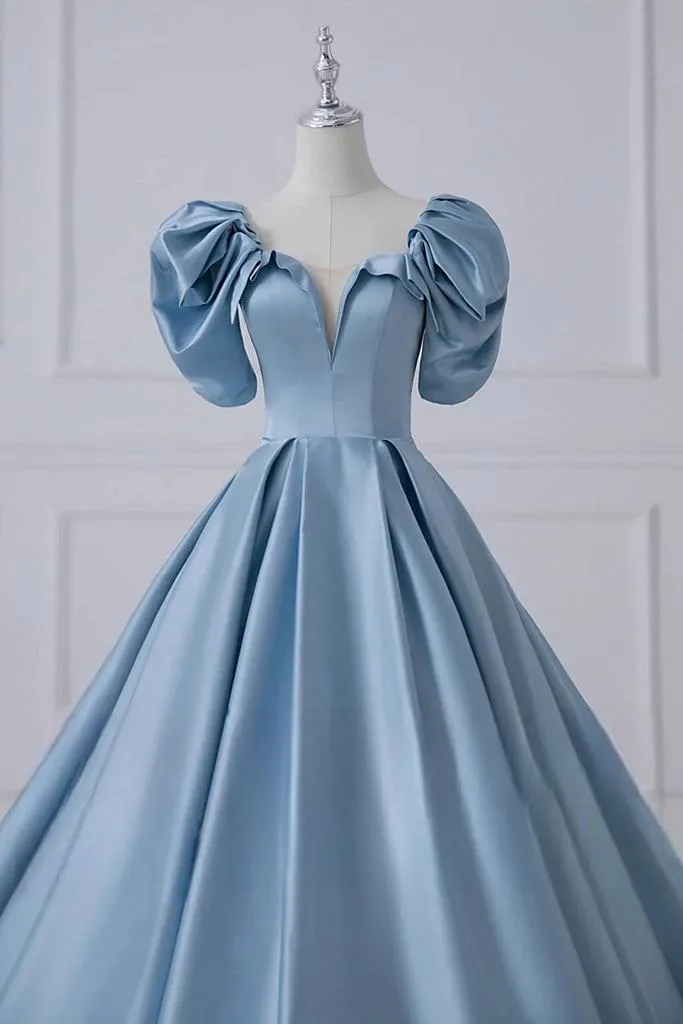 A Line Satin Blue Prom Dress Long Formal Dress Evening Dress