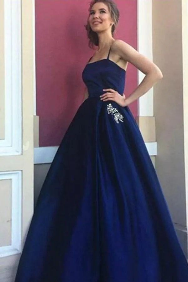 A-Line Spaghetti Straps Navy Blue Satin Prom Dress with Pockets Beading TP0152