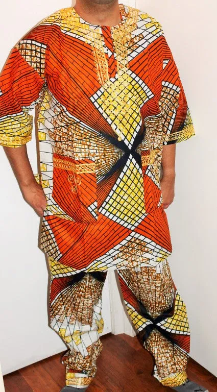 African Unisex Pant Set With Head Piece ! Embroidered ! One Size !!