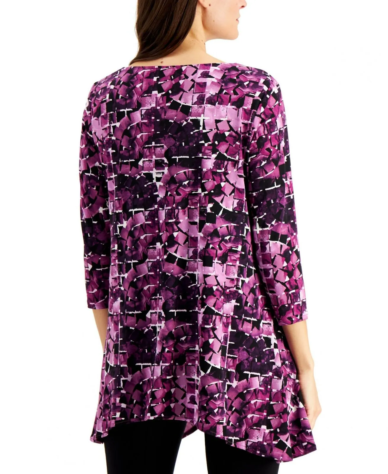 Alfani Petite 3/4 Sleeve Printed Asymmetrical Swing Top