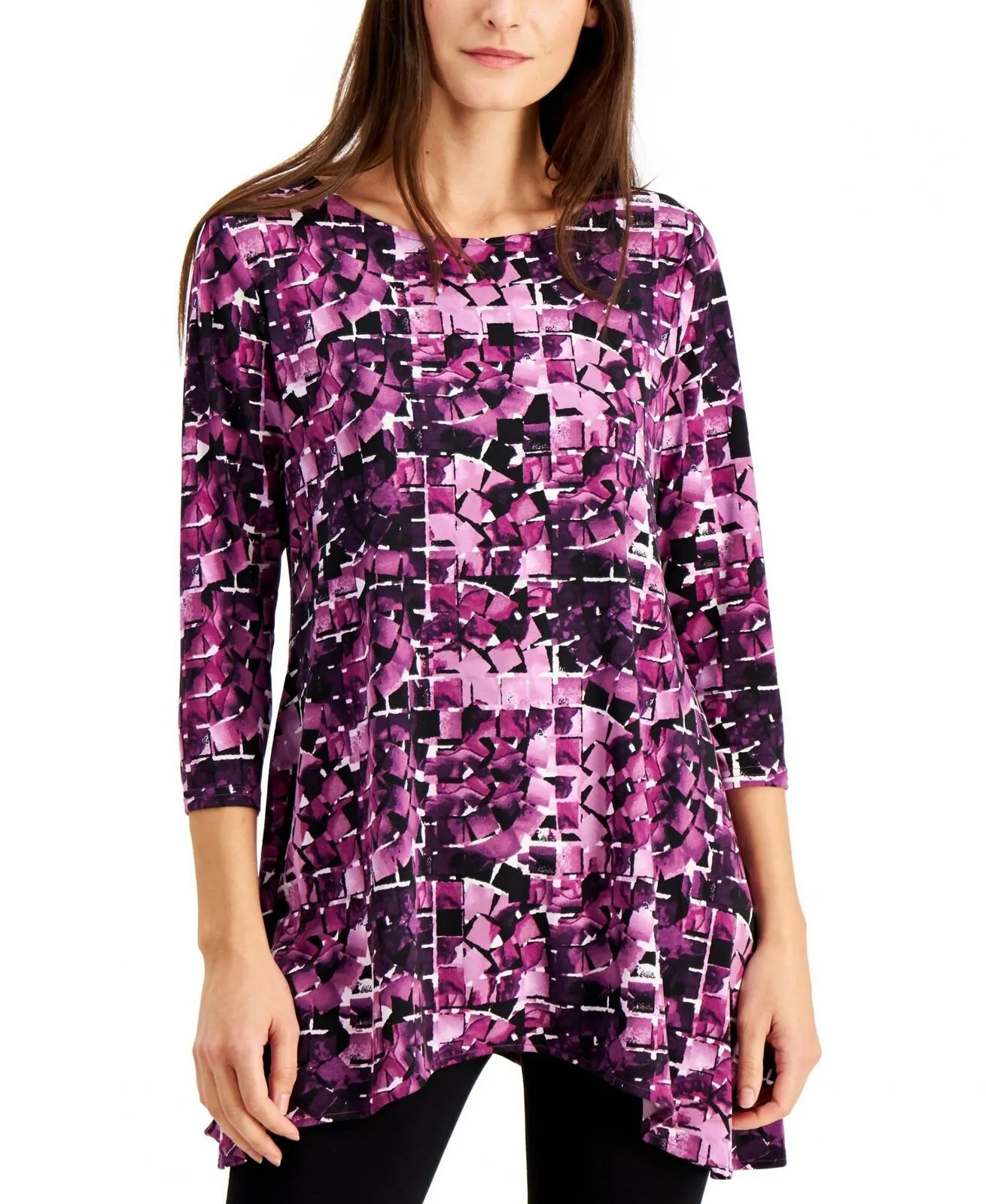 Alfani Petite 3/4 Sleeve Printed Asymmetrical Swing Top