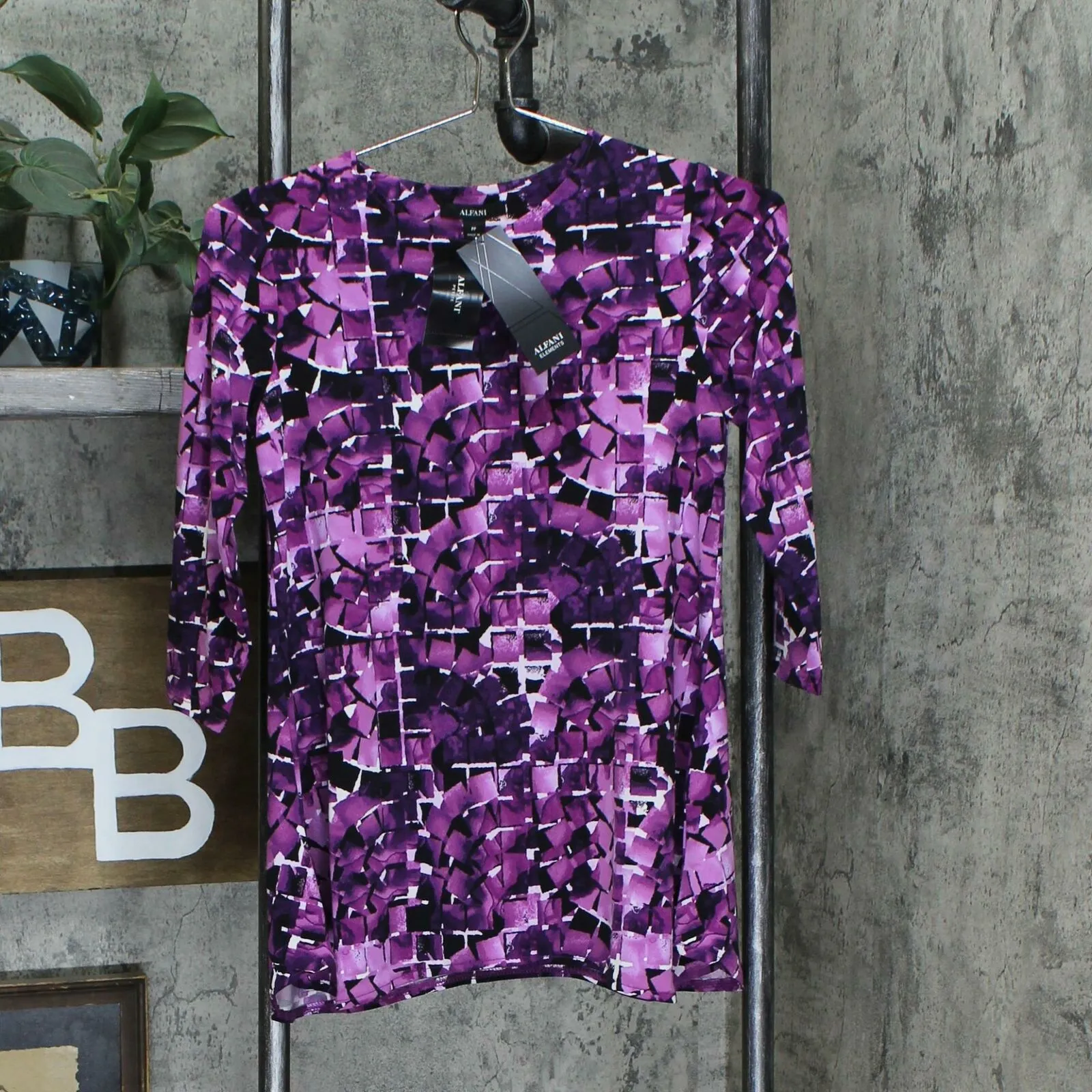 Alfani Petite 3/4 Sleeve Printed Asymmetrical Swing Top