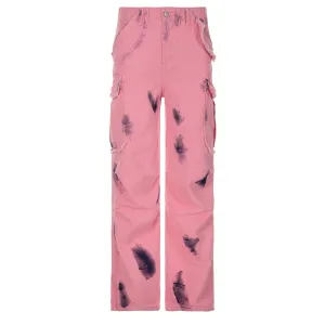 American Street Personalized Graffiti Printed Contrast Color Frayed Cargo Jeans Women's Low Waist Multi-Pocket Straight Casual Pants
