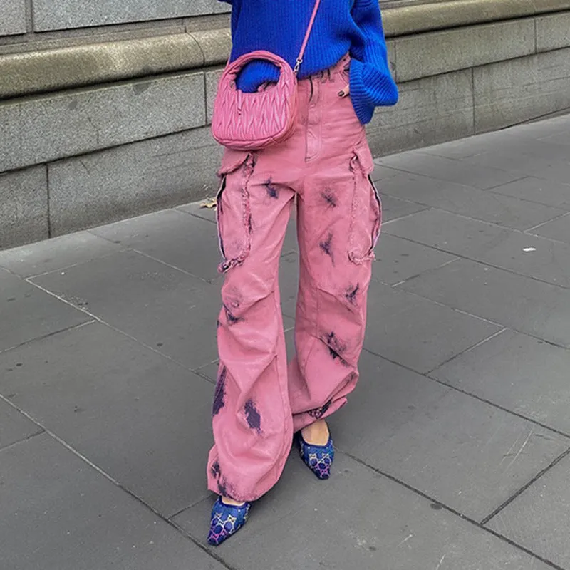 American Street Personalized Graffiti Printed Contrast Color Frayed Cargo Jeans Women's Low Waist Multi-Pocket Straight Casual Pants