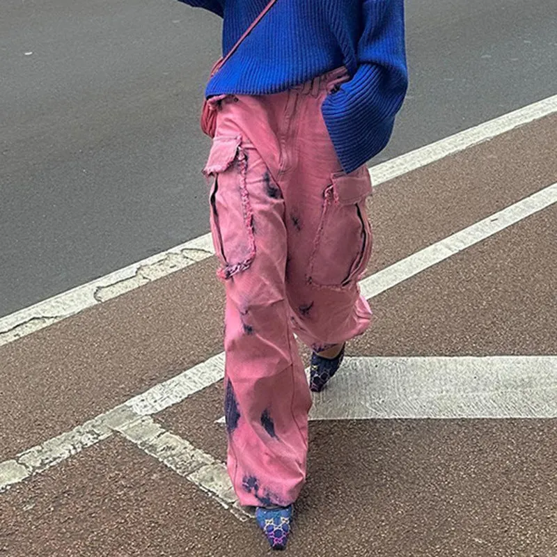 American Street Personalized Graffiti Printed Contrast Color Frayed Cargo Jeans Women's Low Waist Multi-Pocket Straight Casual Pants