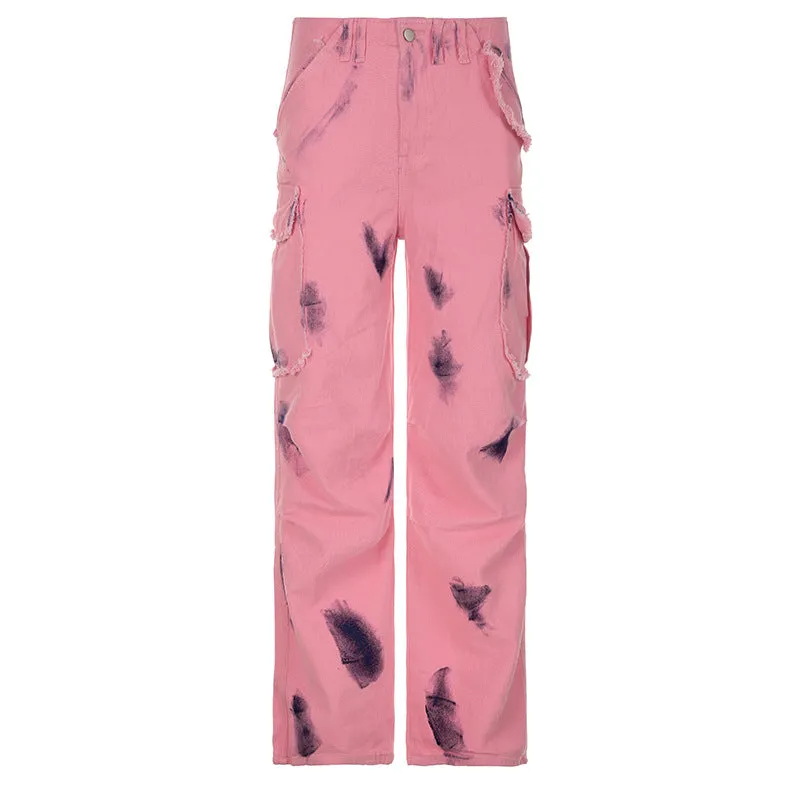 American Street Personalized Graffiti Printed Contrast Color Frayed Cargo Jeans Women's Low Waist Multi-Pocket Straight Casual Pants