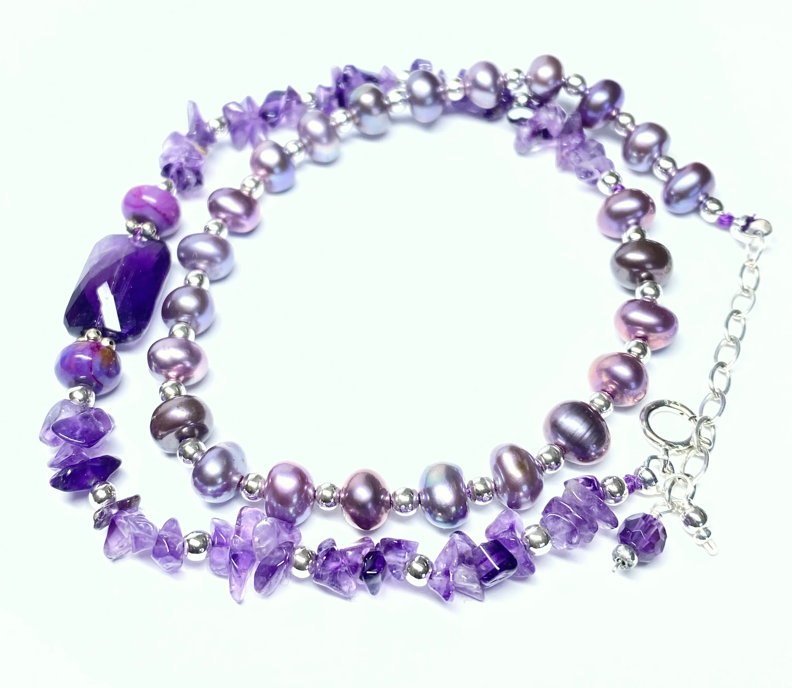 Amethyst Plum Pearl Double Wrap Bracelet Sterling Silver