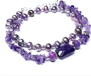 Amethyst Plum Pearl Double Wrap Bracelet Sterling Silver