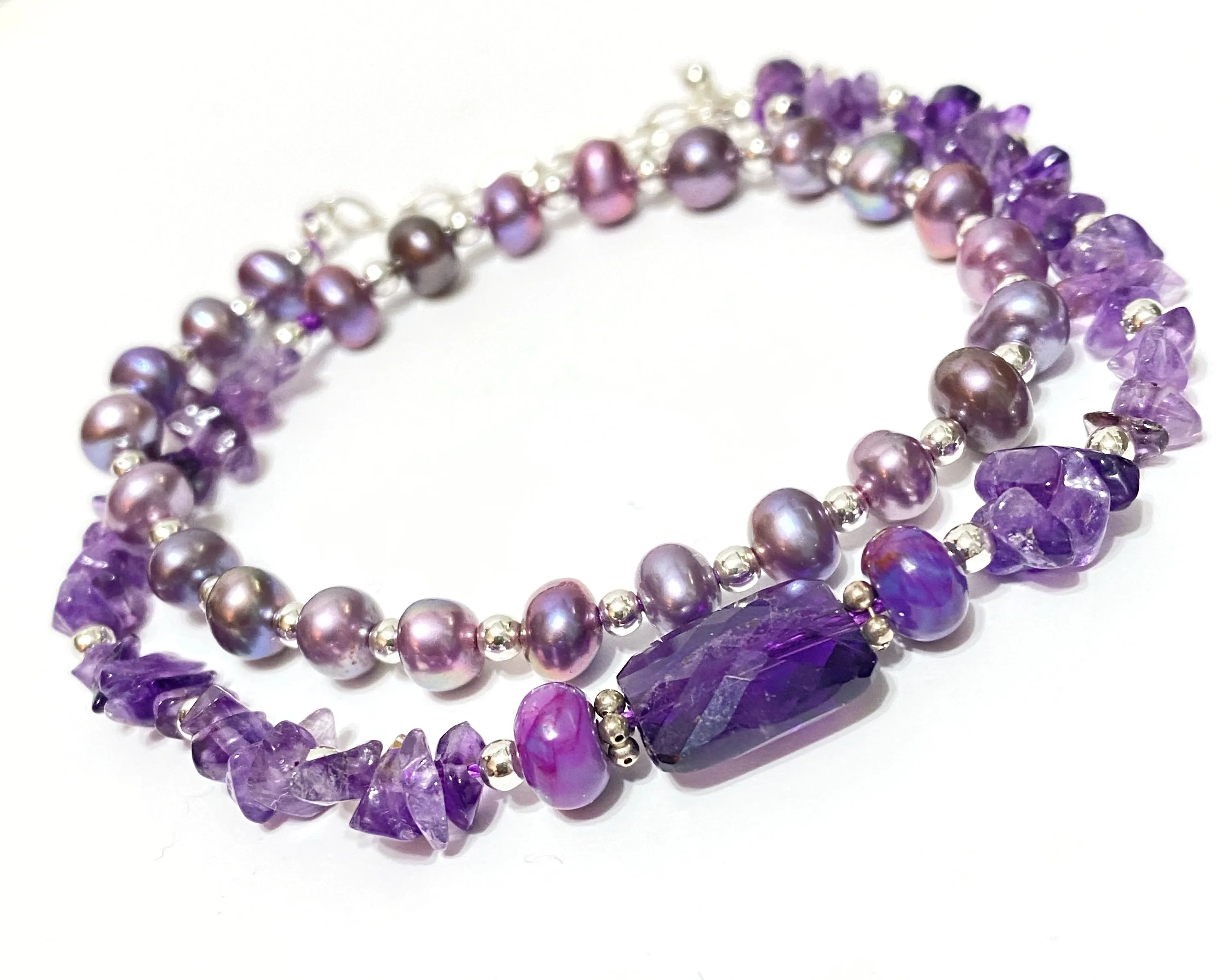 Amethyst Plum Pearl Double Wrap Bracelet Sterling Silver