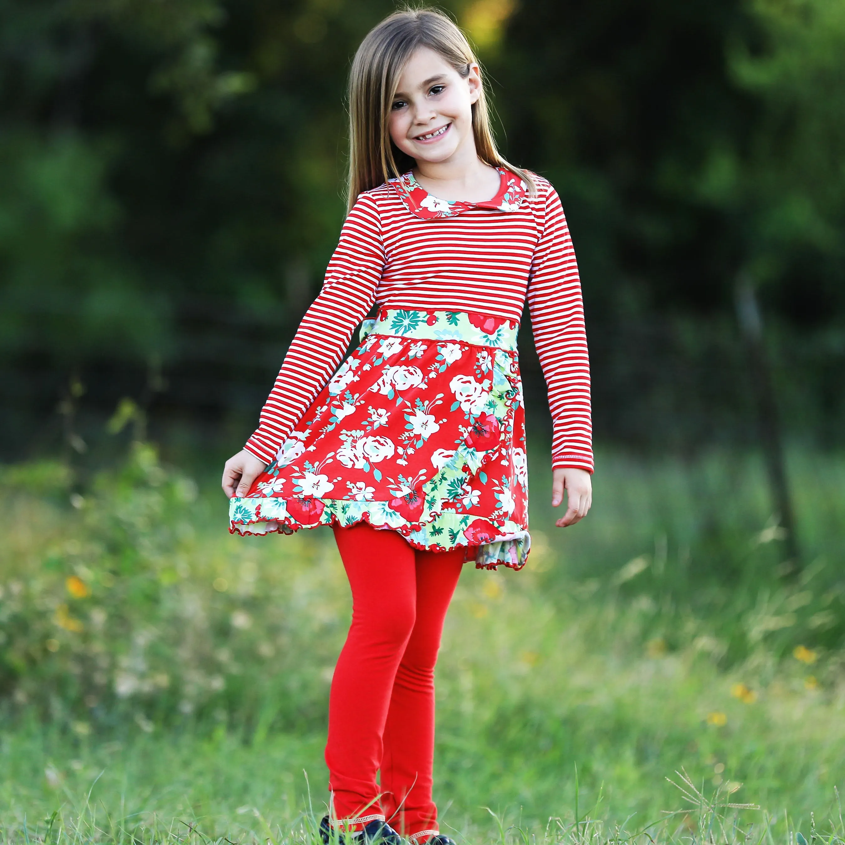 AnnLoren Little & Big Girls Boutique Red Christmas Floral Holiday Dress Legging Set