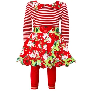 AnnLoren Little & Big Girls Boutique Red Christmas Floral Holiday Dress Legging Set
