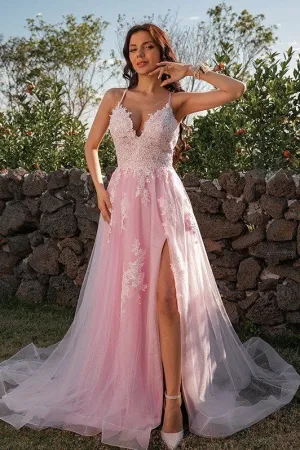 Appliques Tulle Pink Prom Dresses with X Back