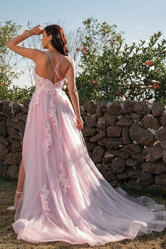Appliques Tulle Pink Prom Dresses with X Back