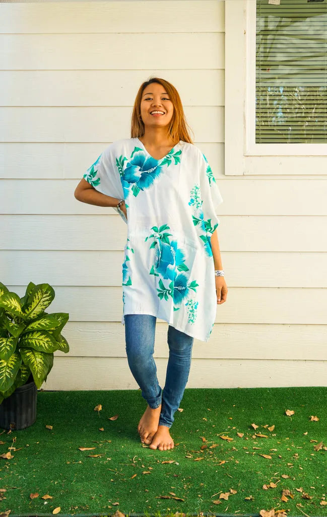 Aqua White Hibiscus Bliss Kaftan Blouse Tunic