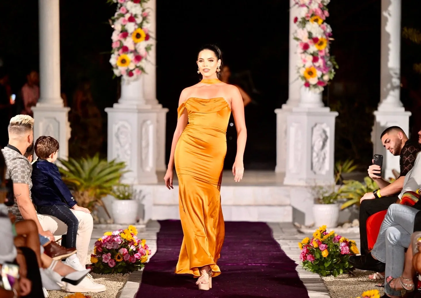 “ARIANE" GOLD HALTER NECK DOUBLE DUCHESS SATIN GOWN