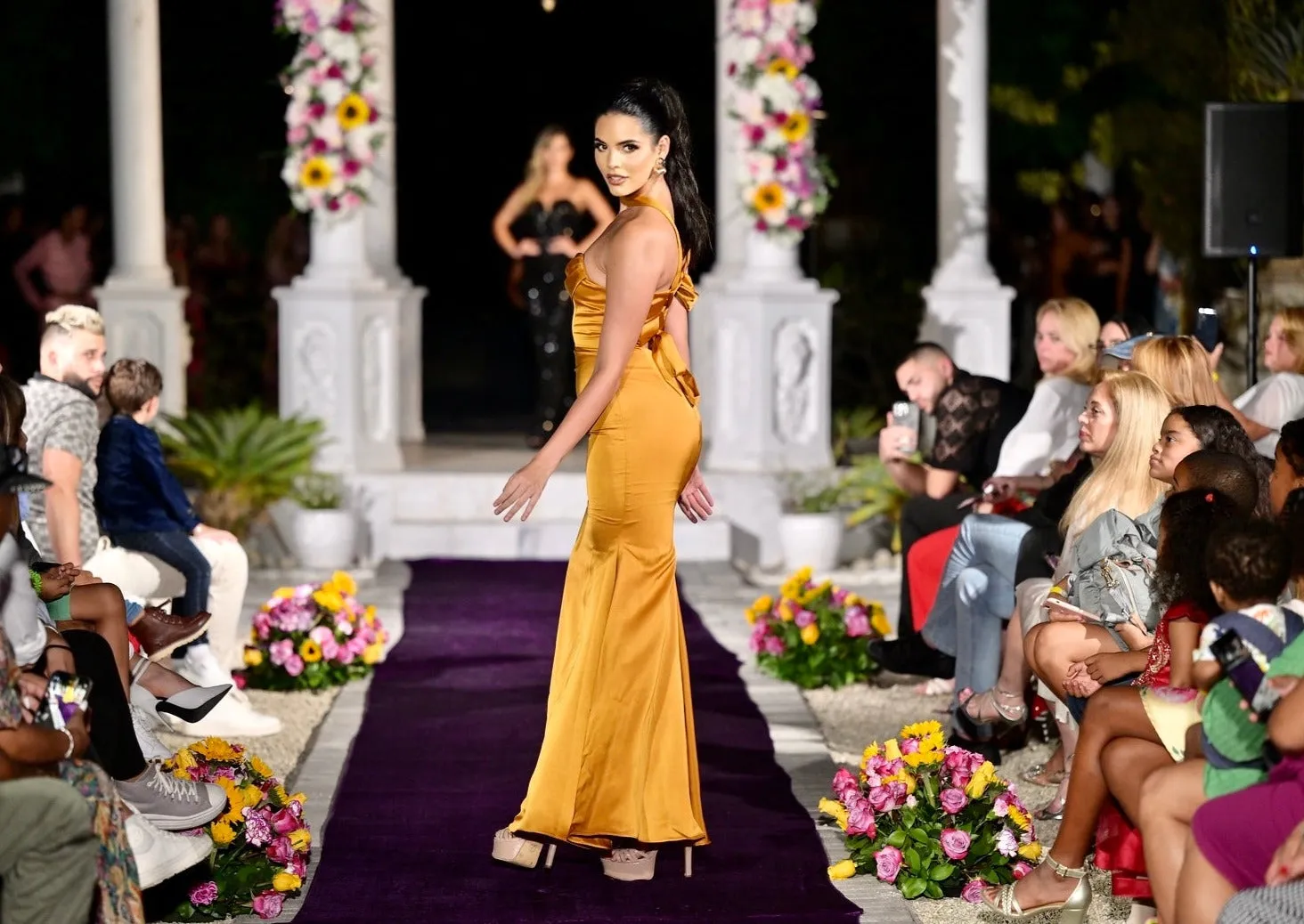 “ARIANE" GOLD HALTER NECK DOUBLE DUCHESS SATIN GOWN