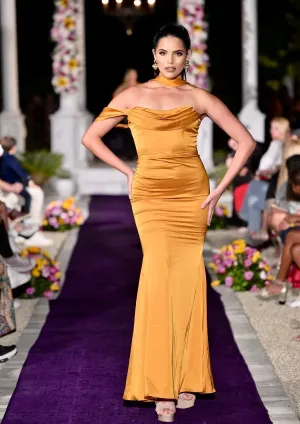 “ARIANE" GOLD HALTER NECK DOUBLE DUCHESS SATIN GOWN