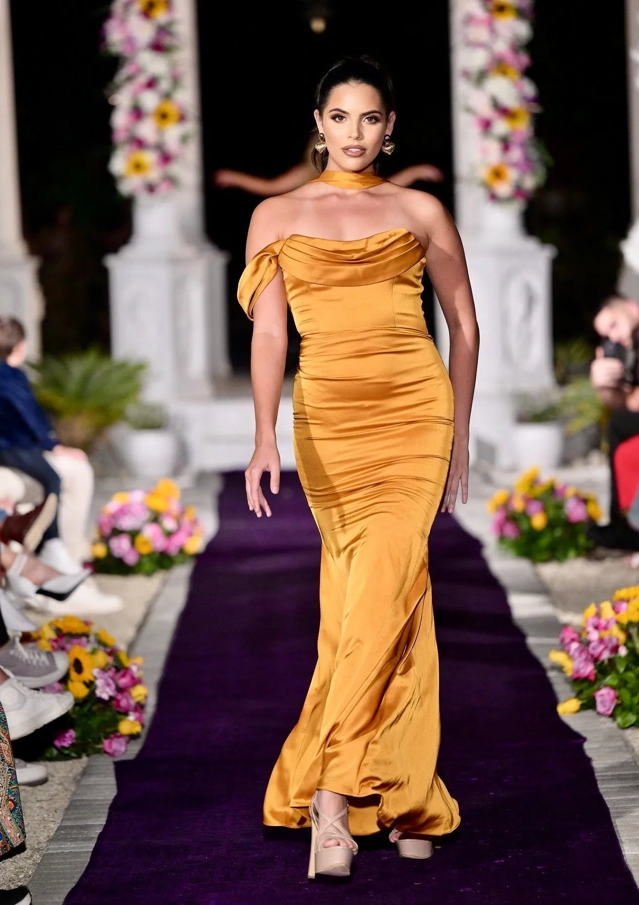 “ARIANE" GOLD HALTER NECK DOUBLE DUCHESS SATIN GOWN