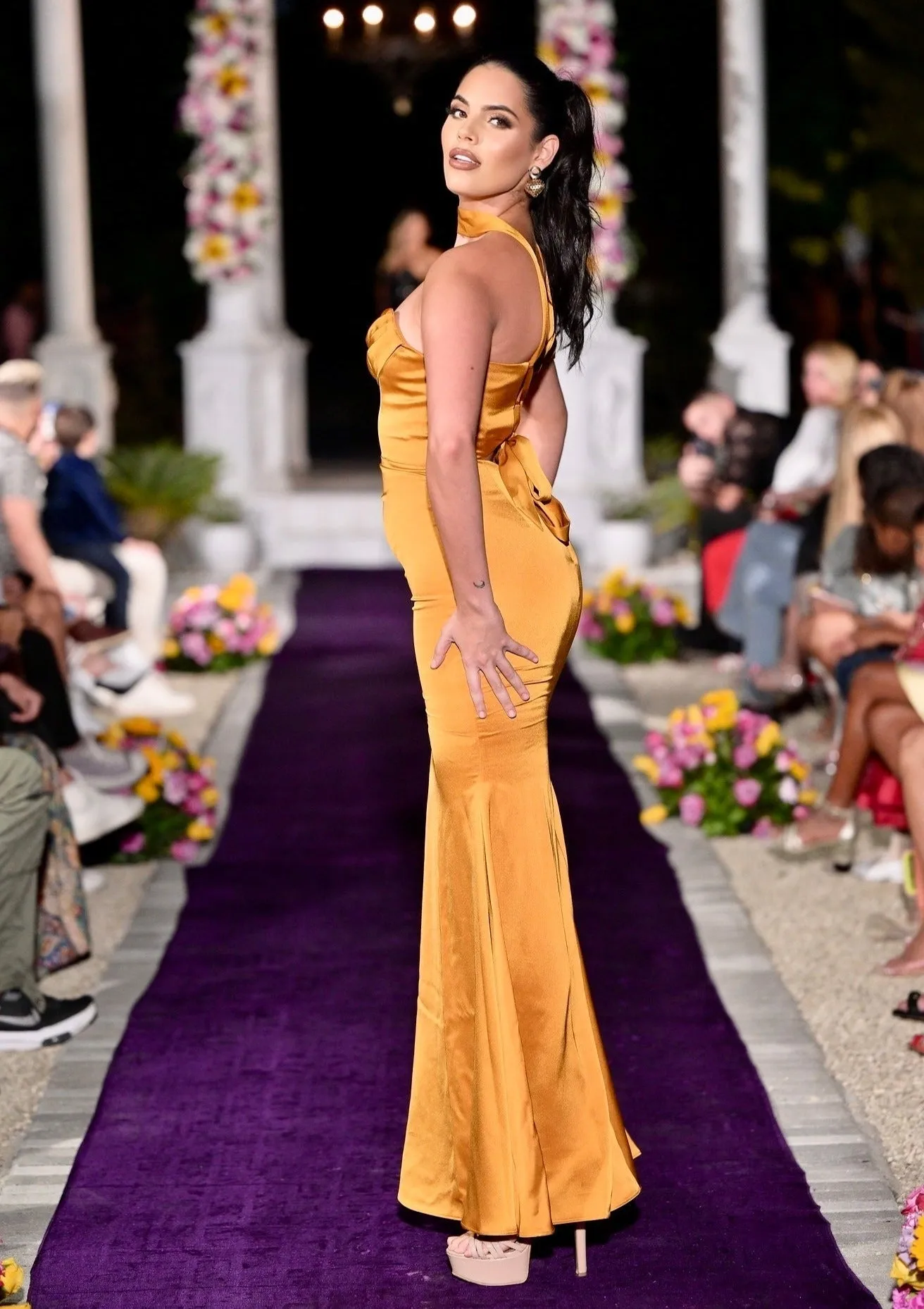 “ARIANE" GOLD HALTER NECK DOUBLE DUCHESS SATIN GOWN