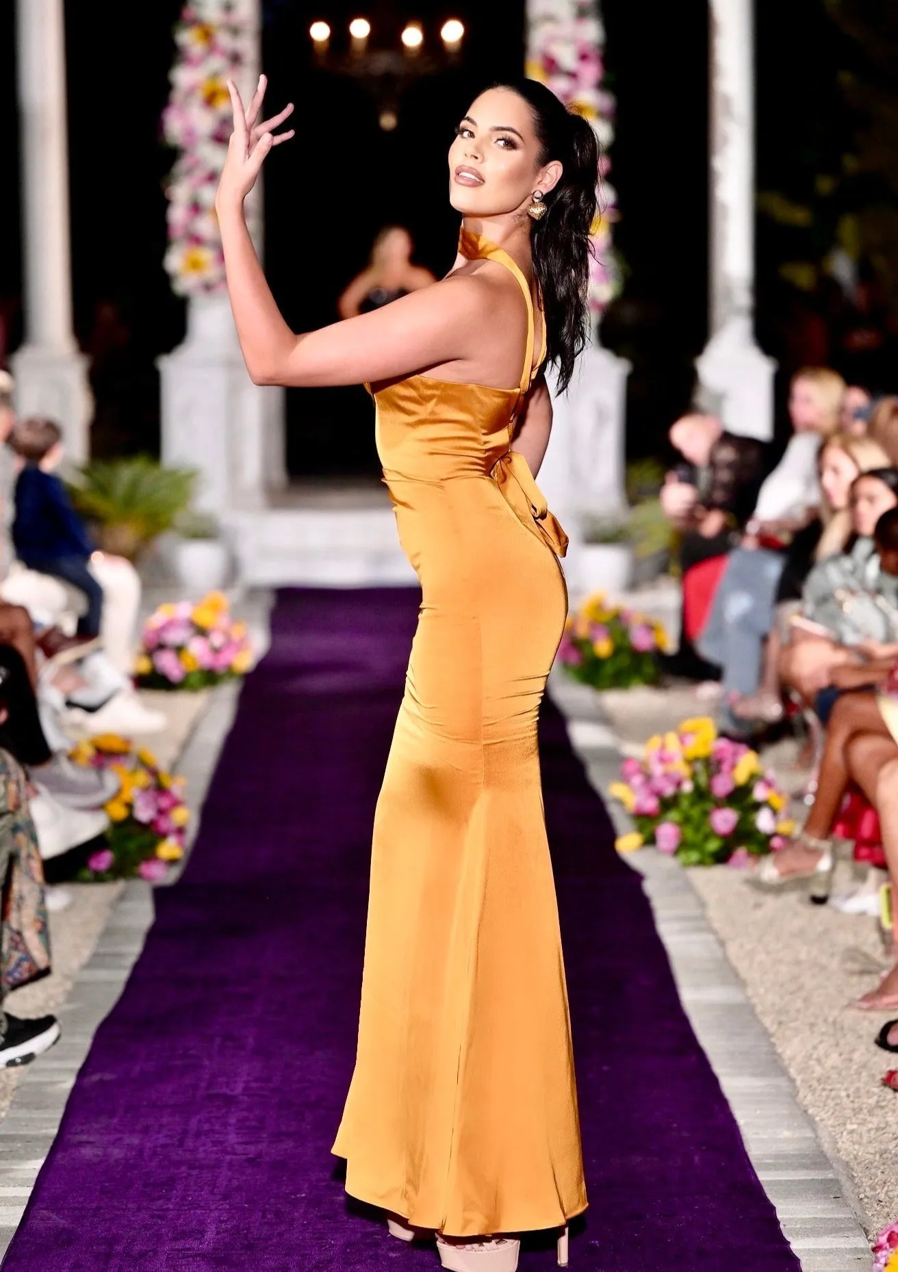 “ARIANE" GOLD HALTER NECK DOUBLE DUCHESS SATIN GOWN
