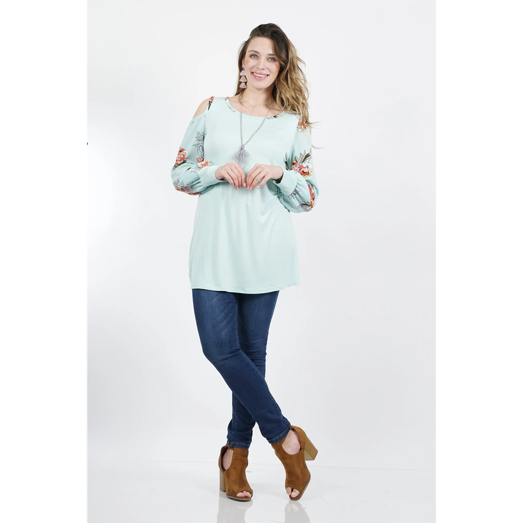 Asymmetric cut-out shoulder print sleeve tunic-Plus Size