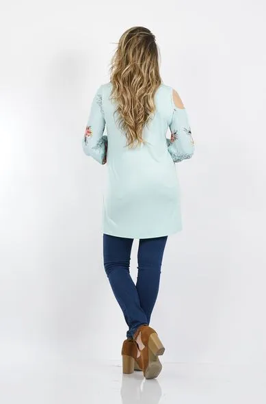 Asymmetric cut-out shoulder print sleeve tunic-Plus Size
