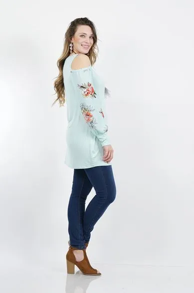 Asymmetric cut-out shoulder print sleeve tunic-Plus Size