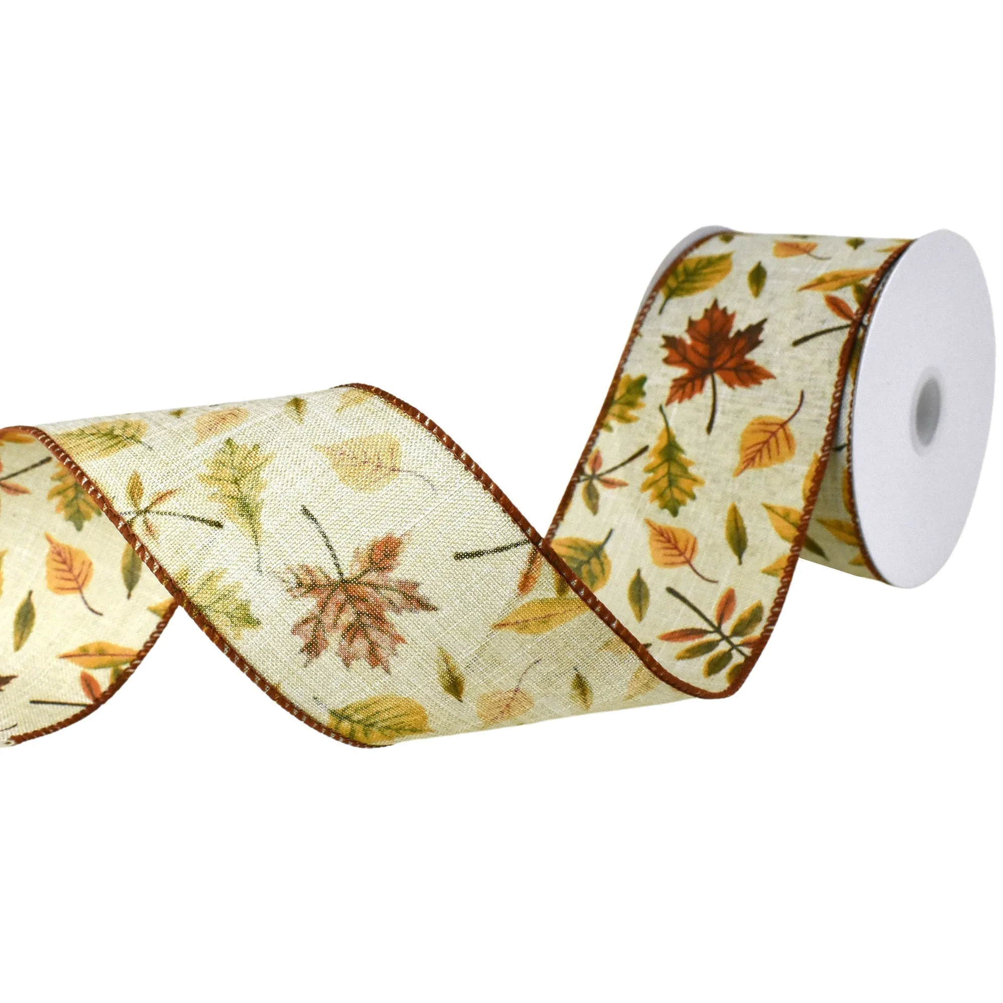 Autumn Falling Leaves Faux Linen Wired Ribbon, 10-yard