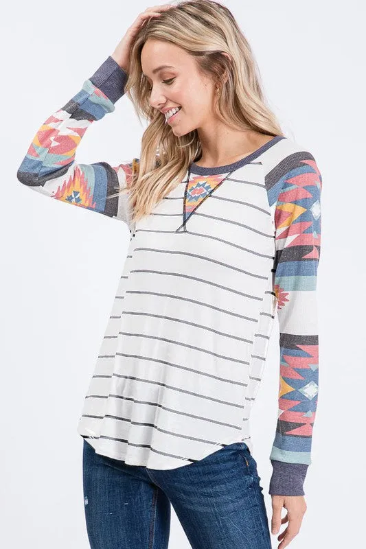 Aztec Contrast Sleeve Top