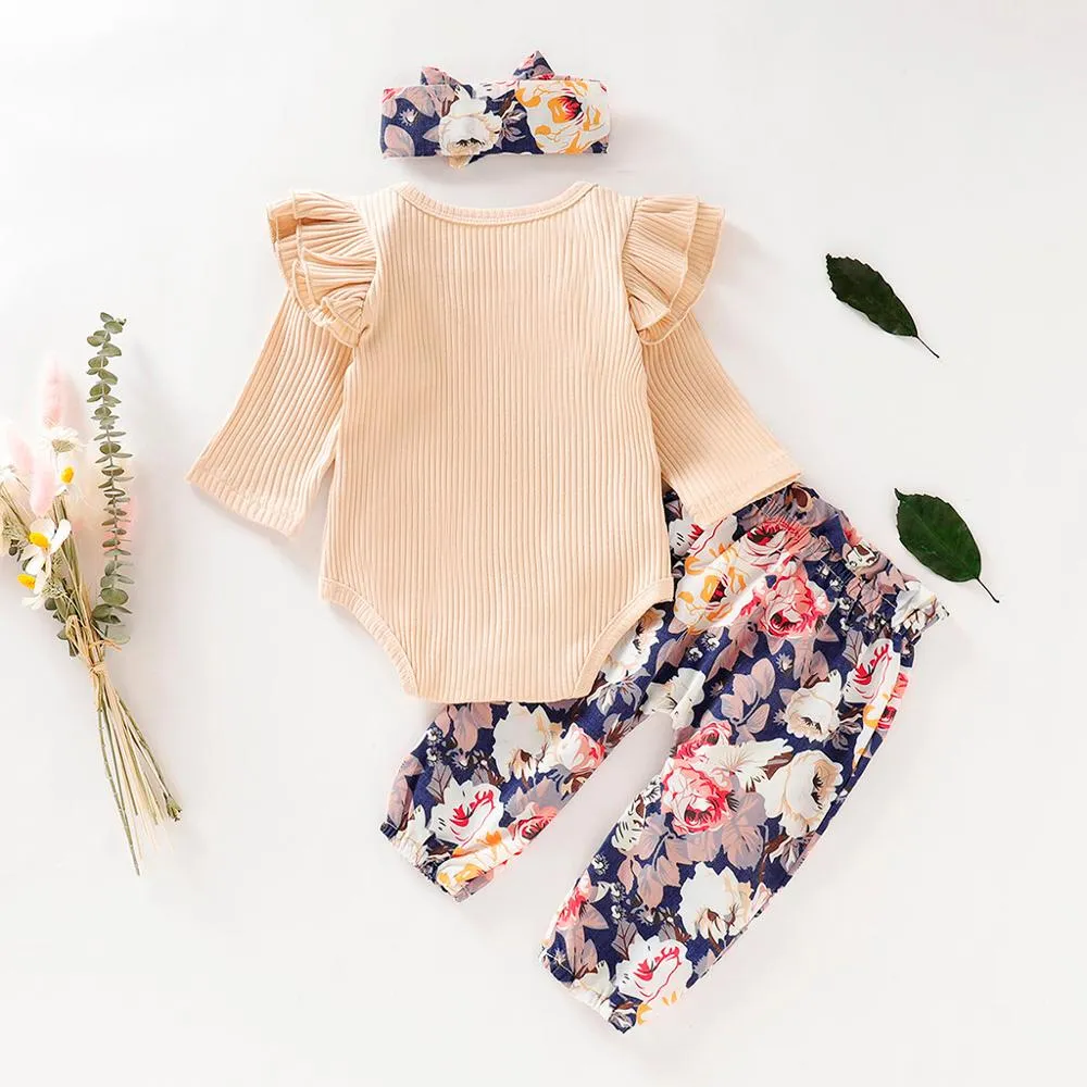 Baby Girl Clothes Long Sleeve Ruffles Solid Romper And Floral Pants And Headband Outfits