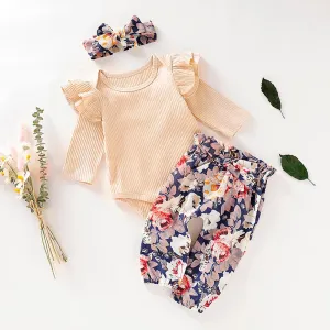 Baby Girl Clothes Long Sleeve Ruffles Solid Romper And Floral Pants And Headband Outfits