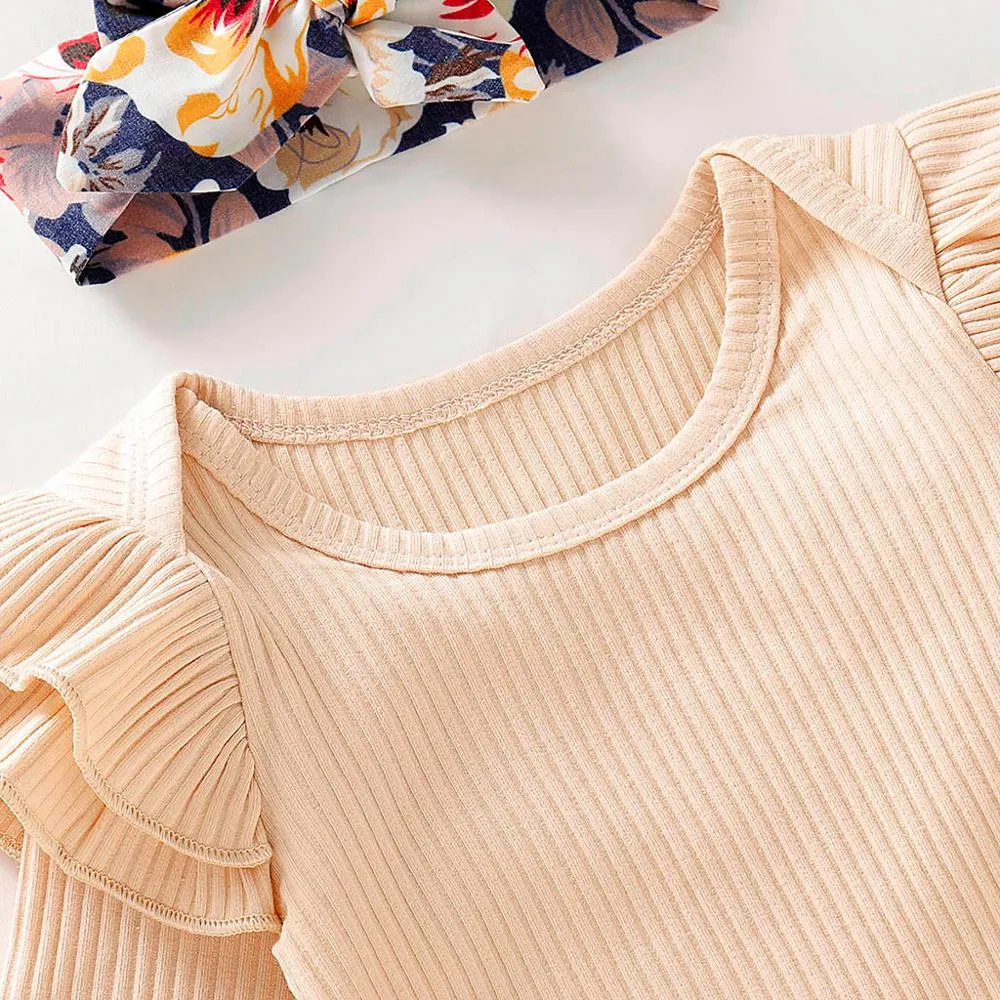 Baby Girl Clothes Long Sleeve Ruffles Solid Romper And Floral Pants And Headband Outfits