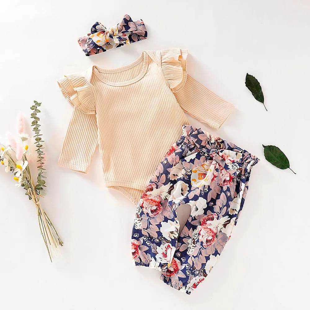 Baby Girl Clothes Long Sleeve Ruffles Solid Romper And Floral Pants And Headband Outfits