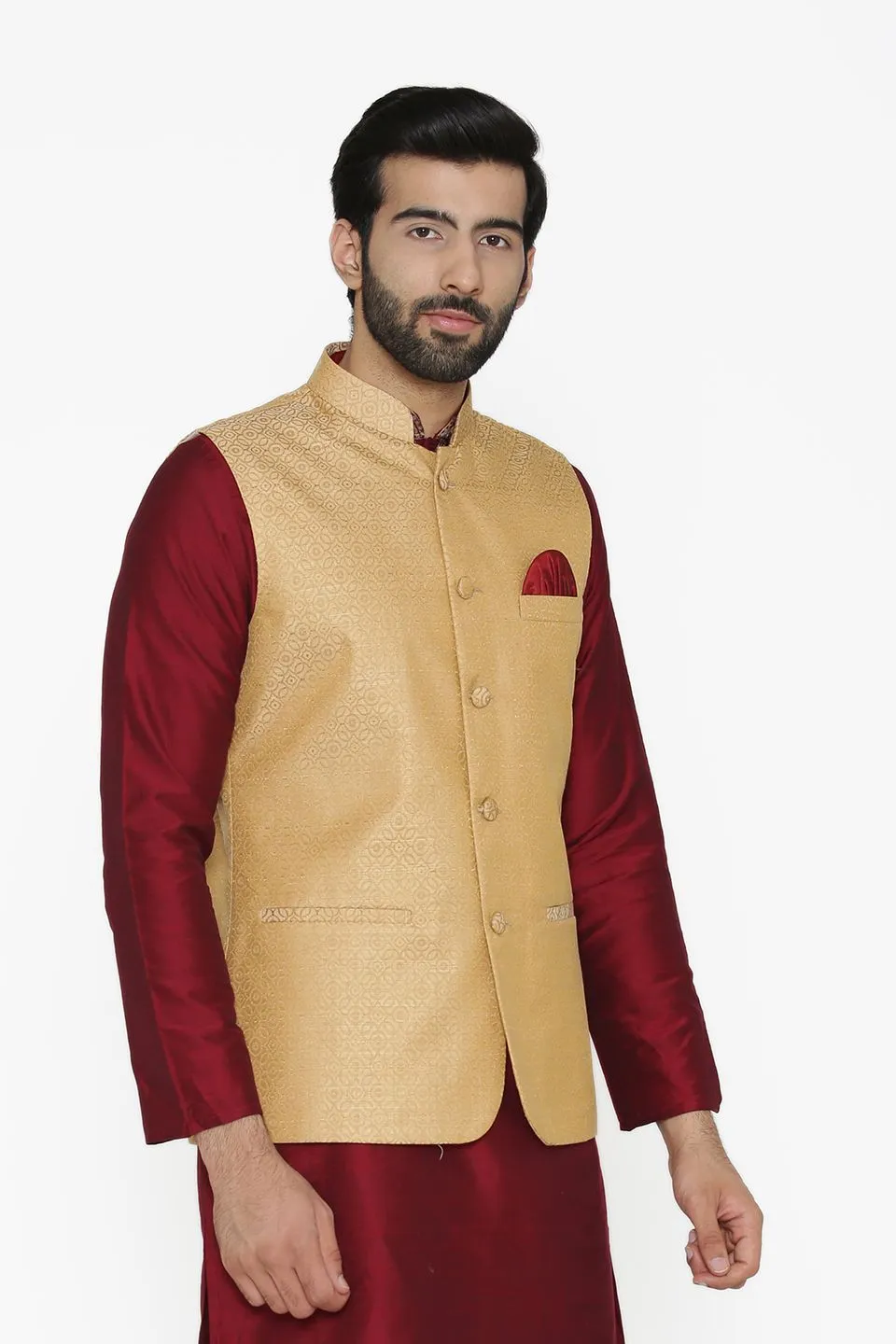 Banarasi Art Silk Cotton Blend Gold Modi Nehru Jacket