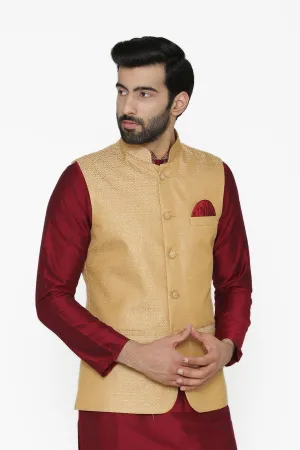 Banarasi Art Silk Cotton Blend Gold Modi Nehru Jacket