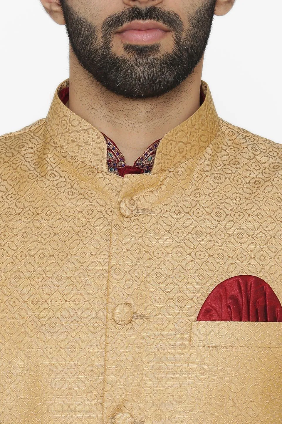 Banarasi Art Silk Cotton Blend Gold Modi Nehru Jacket