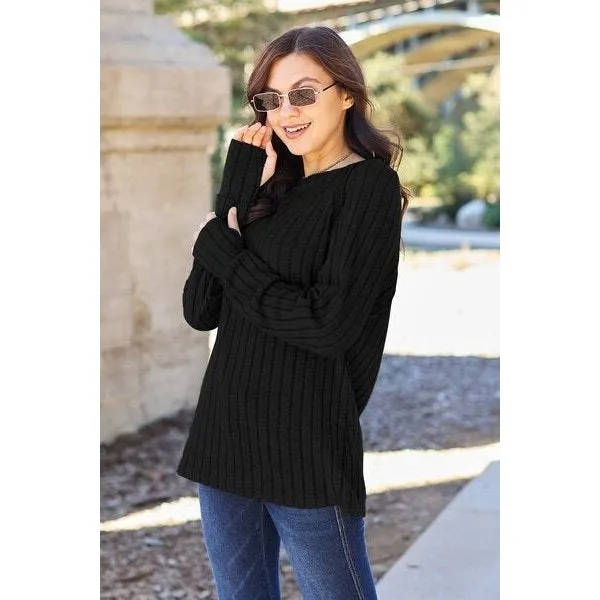 Basic Bae Full Size Ribbed Round Neck Long Sleeve Knit Top