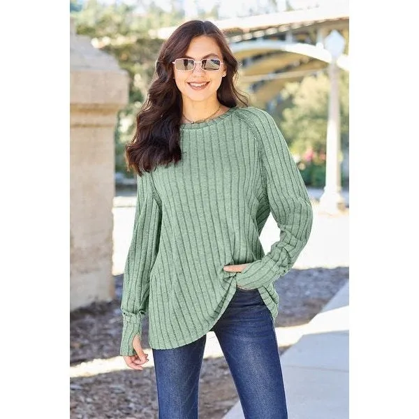 Basic Bae Full Size Ribbed Round Neck Long Sleeve Knit Top