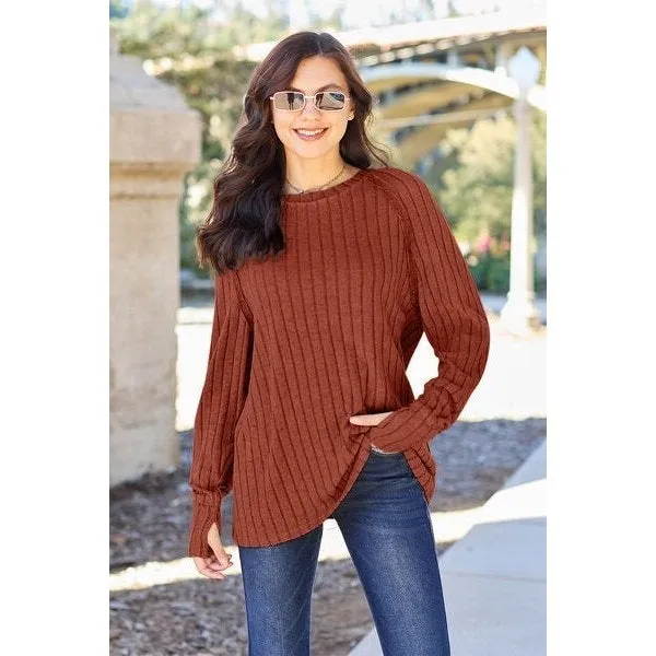 Basic Bae Full Size Ribbed Round Neck Long Sleeve Knit Top