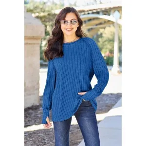 Basic Bae Full Size Ribbed Round Neck Long Sleeve Knit Top