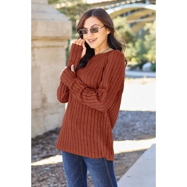 Basic Bae Full Size Ribbed Round Neck Long Sleeve Knit Top