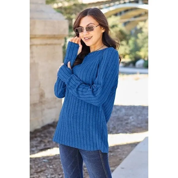 Basic Bae Full Size Ribbed Round Neck Long Sleeve Knit Top