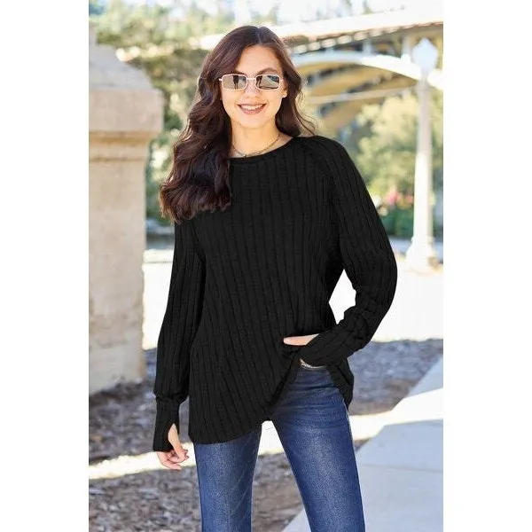 Basic Bae Full Size Ribbed Round Neck Long Sleeve Knit Top