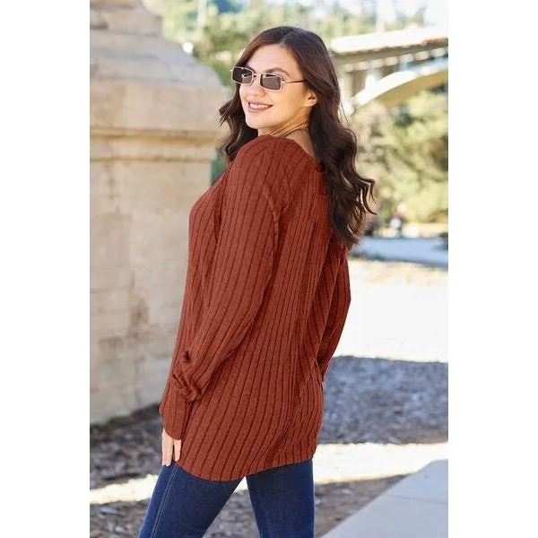 Basic Bae Full Size Ribbed Round Neck Long Sleeve Knit Top