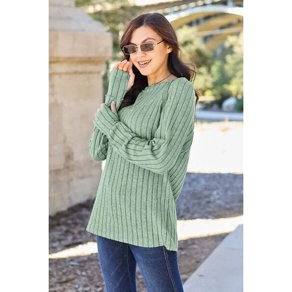 Basic Bae Full Size Ribbed Round Neck Long Sleeve Knit Top