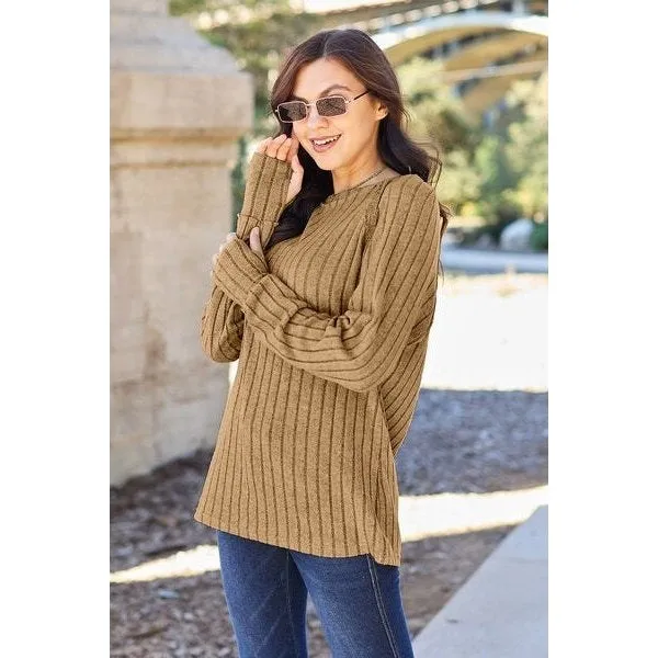 Basic Bae Full Size Ribbed Round Neck Long Sleeve Knit Top
