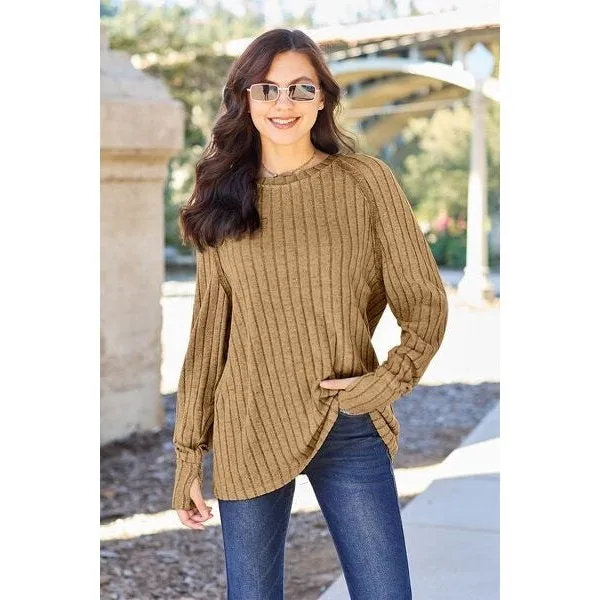 Basic Bae Full Size Ribbed Round Neck Long Sleeve Knit Top
