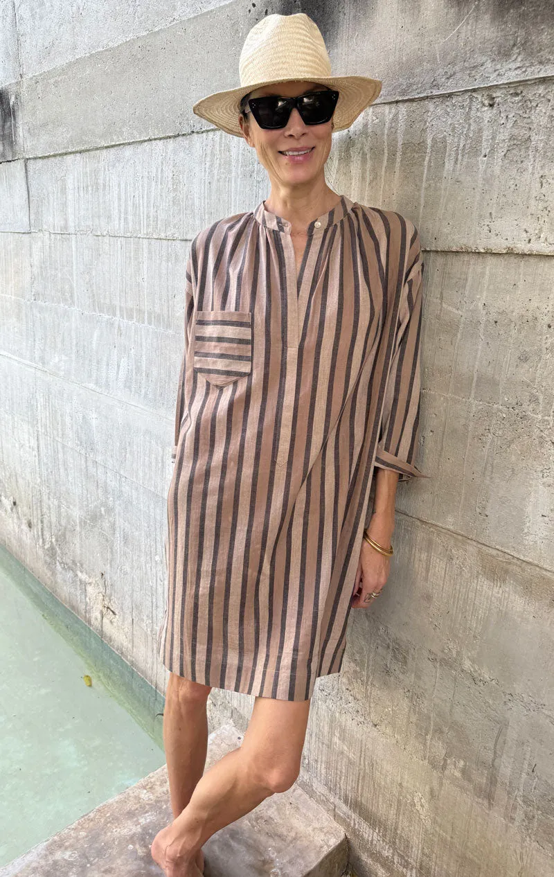 Beige Striped long sleeve button tunic